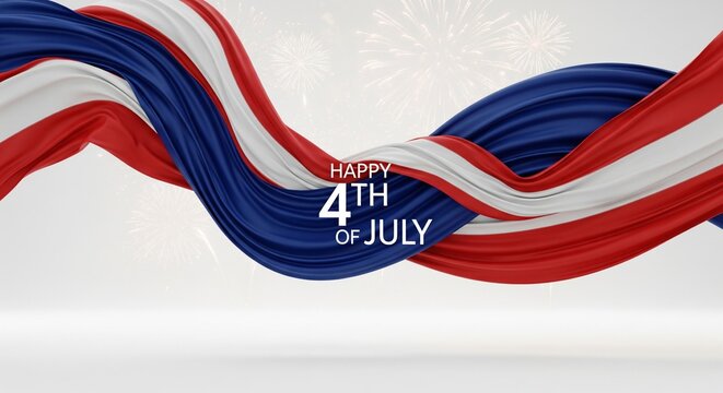 Abstract flowing red white and blue fabric draped elegantly with subtle white fireworks in the background celebrating American Independence Day holiday with text overlay