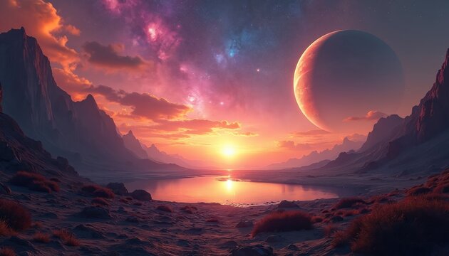 Alien planet landscape with vibrant sunset over calm water. Large moon and nebulae fill colorful twilight sky. Rocky mountains frame serene otherworldly scene.