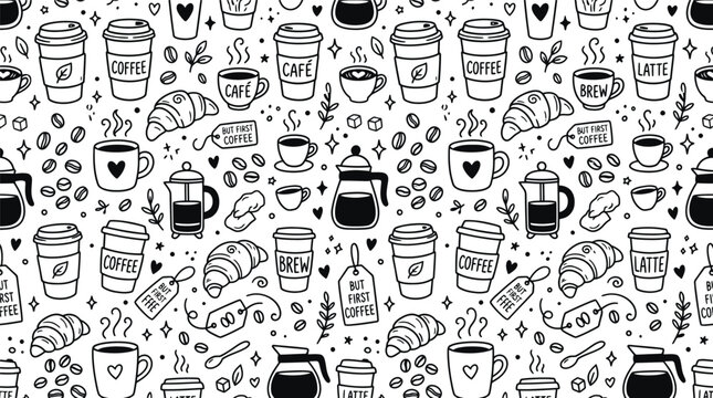 Monochrome doodle pattern featuring assorted drinks, mugs, cups, jars, and cafe beverages in a playful coffeehouse style.