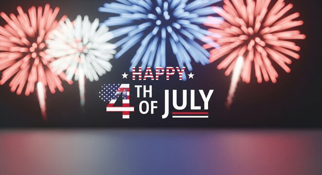 Happy 4th of July text overlay with red white and blue fireworks exploding in the night sky, patriotic celebration graphic design, festive holiday background with bokeh effect and reflection