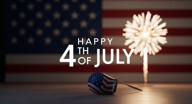 Happy 4th of July text overlay with American flag background, a lit firework exploding and a spent firecracker decorated with the US flag on a wooden surface, festive celebration concept