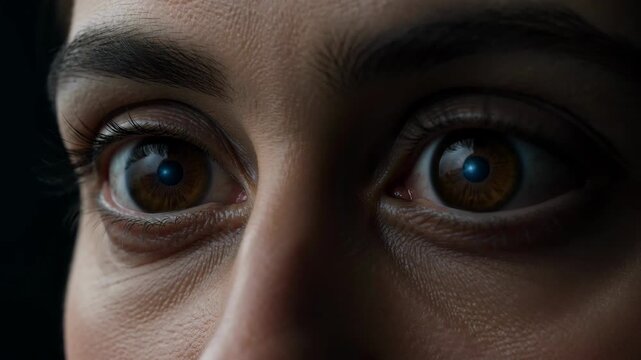 Close-up of Woman Eyes Dilating with Futuristic Blue Light Reflection