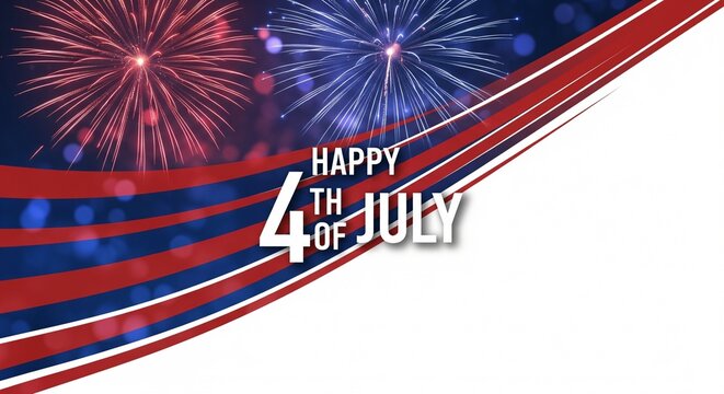 Happy 4th of July celebration with red and blue fireworks exploding in the night sky over abstract patriotic stripes and bokeh lights, festive holiday graphic design background