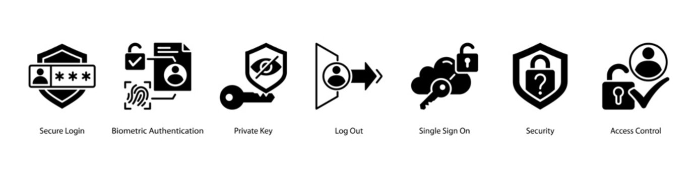 Secure Entry web banner icon vector illustration featuring Secure Login, Biometric Authentication, Private Key, Log Out, Single Sign On, Security, and Access Control.