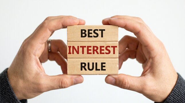 Hands hold wooden blocks spelling best interest rule against a plain background.