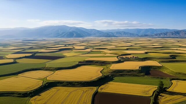 Expansive aerial view of patchwork fields with distant mountains under a blue sky