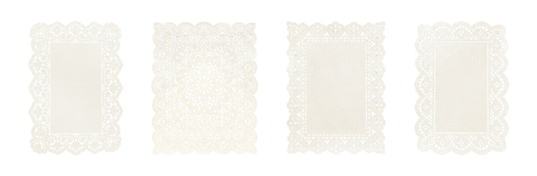 White Lace Paper Doily Set with Decorative Lace Border and Floral Details