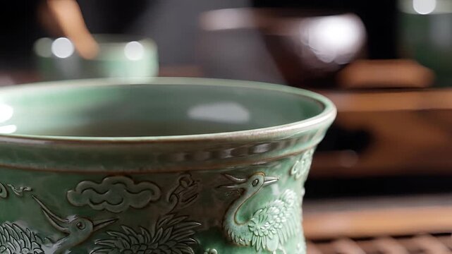 Closeup of an ancient celadon ceramic bowl with intricate dragon carvings.
