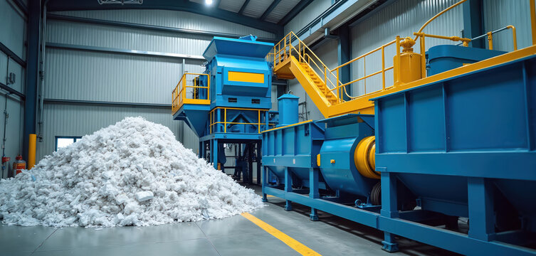 Plastic waste piled high next to recycling machinery inside factory. Industrial shredder processes materials for reuse. Facility handles resource recovery and environmental sustainability.