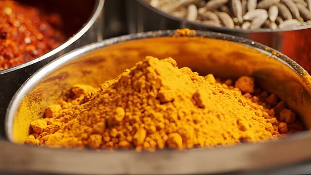 Closeup of colorful Indian spices in metal bowls for cooking.