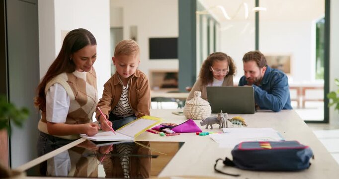 Parents, children and writing in book in home for education, learning support and bonding together. People, help and laptop with kids for elearning, online lesson and drawing sketch for homeschooling