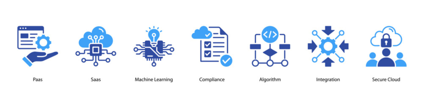 Intelligent Cloud web banner icon vector illustration featuring PaaS, SaaS, Machine Learning, Compliance, Algorithm, Integration, and Secure Cloud.