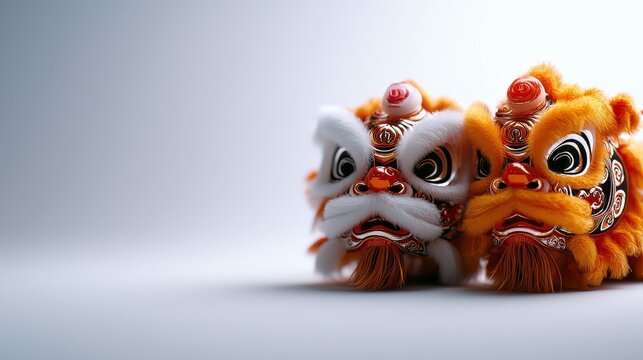 Traditional lion dance masks symbolizing cultural celebration and heritage.