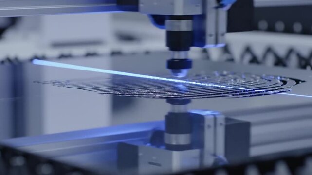 Close up of industrial laser cutting machine with blue light