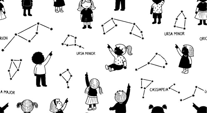 Cute cartoon children pointing at star constellations pattern.