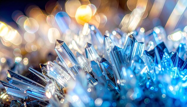 結晶 鉱物 クォーツ 輝き 屈折 透明感 群晶 玉ボケ 幻想的 宝石 神秘的 光彩 プリズム マクロ撮影 コントラスト 尖頂 シャープ 反射 ブルー 背景素材