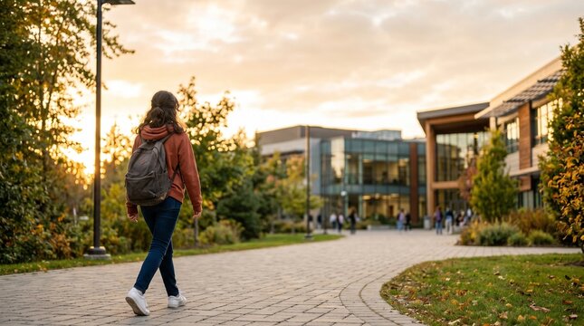 Student walking on campus at sunset with backpack