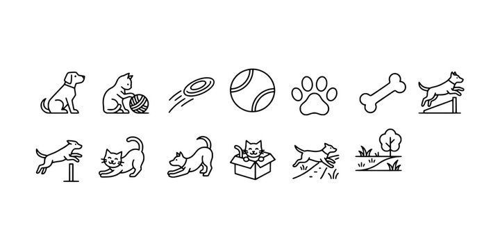 Icon set collection of pet care, active dogs, playful cats, and training accessories in minimalist black and white outline style.