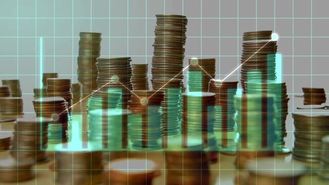 Dozens of high coin stacks arranged in rows with a double analytical green line graph and bar chart animation overlaying the image.