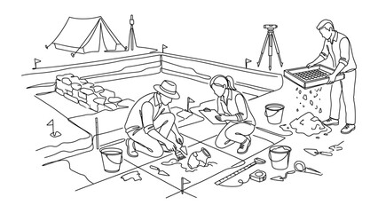 Obraz premium Archaeologists excavating a historical site outdoors.