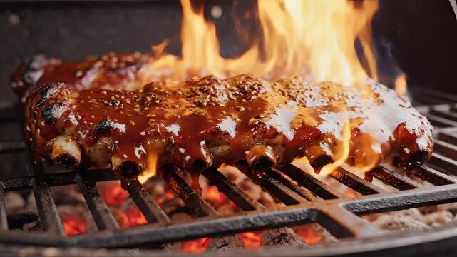 Delicious BBQ Ribs Grilling Over Hot Coals with Flames.