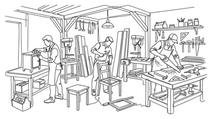 Obraz premium Three workers in a woodworking workshop.