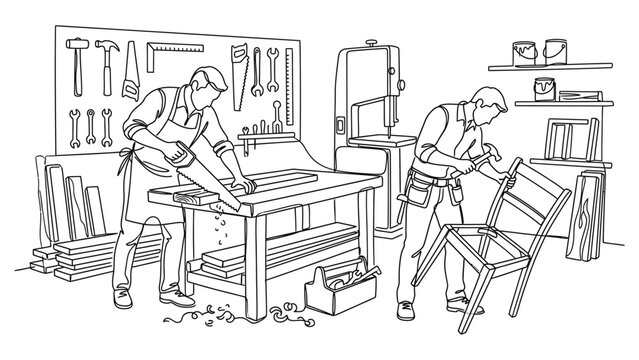 Two craftsmen working in a woodworking workshop.