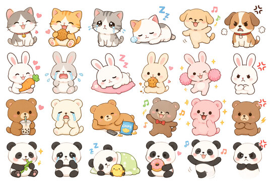Cute cartoon animals including cats dogs rabbits bears and pandas with various expressions are depicted in a colorful illustration.