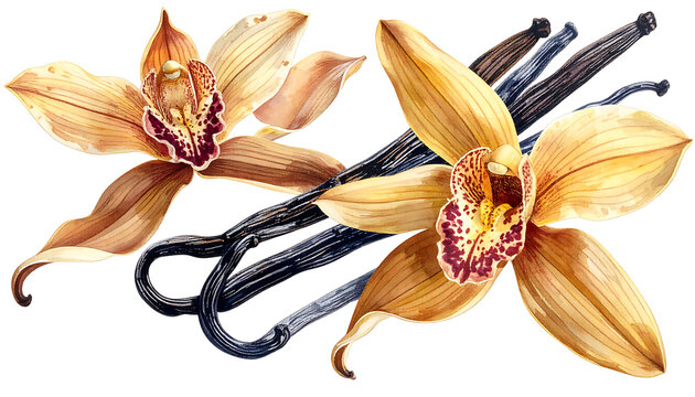 two golden orchids and dark vanilla beans, delicate floral arrangement with culinary spice element