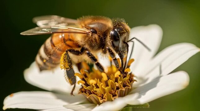 Close-up of a honey bee diligently collecting pollen from a delicate white flower, showcasing nature's intricate pollination process