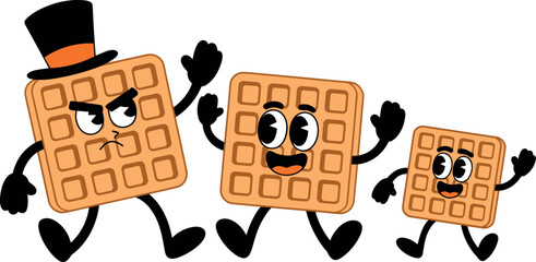 Vintage Cartoon Waffle Character Family Vector Mascot Illustration Featuring Angry Top Hat Waffle, Happy Mother, and Cute Child for Retro Graphic Designs