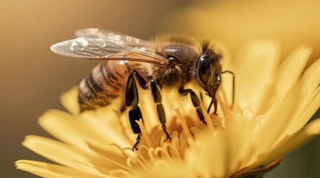 Honeybee diligently collecting pollen on a vibrant yellow flower, an essential natural interaction vital for pollination