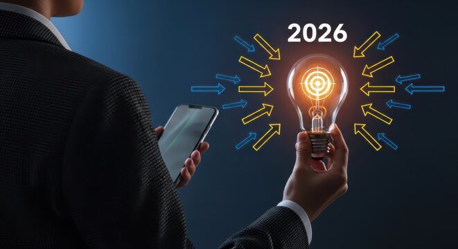 2026 Business Vision: Person Holding Illuminated Light Bulb and Smartphone