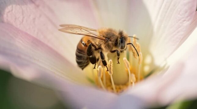 A diligent honeybee actively gathers precious nectar and pollen from a beautiful pink flower petal, capturing the essence of ecological harmony and insect life