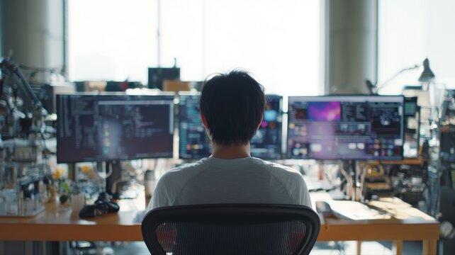パソコンのモニターを複数台使用して作業する男性の後ろ姿。ITやプログラミング関連の仕事シーンに適したビジネスイメージ
