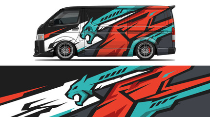 Naklejka premium Colorful van with dynamic animal graphic design.