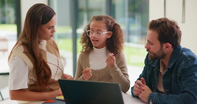Homework, counting and parents with child on laptop for studying, lesson and quiz for elearning. Family, home and girl with mom, dad and computer for education, knowledge and teaching for math test