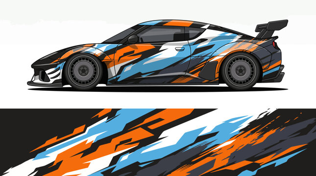 Colorful racing car with dynamic paint design.