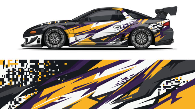 Colorful racing car with dynamic design wrap.
