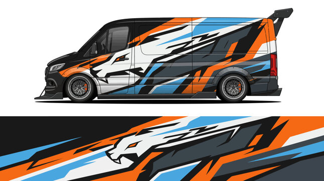 Colorful abstract van design with dynamic patterns.