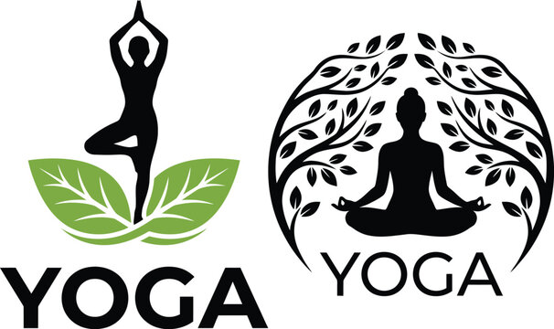 Yoga logo designs with silhouette figures and botanical elements