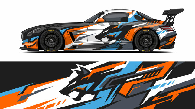 Colorful sports car with dynamic camouflage design.