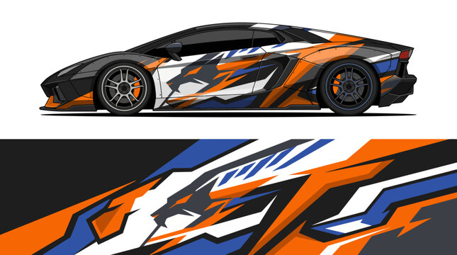 Dynamic sports car with vibrant abstract design.