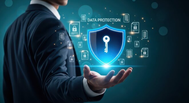 Businessman holding glowing digital shield for data protection and cybersecurity