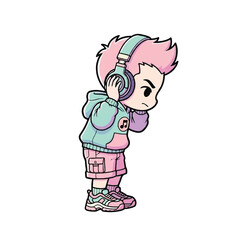 Obraz premium Cartoon kid with pink hair listening.