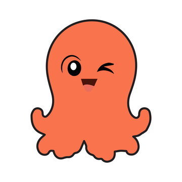 Cute octopus cartoon character with playful expression, simple vector illustration, black outline, colorful flat design, adorable sea animal mascot