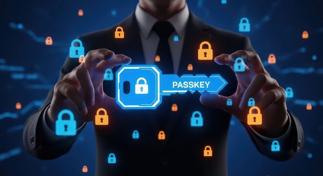 Businessman Holding Digital Passkey with Lock Icons for Cyber Security Concept