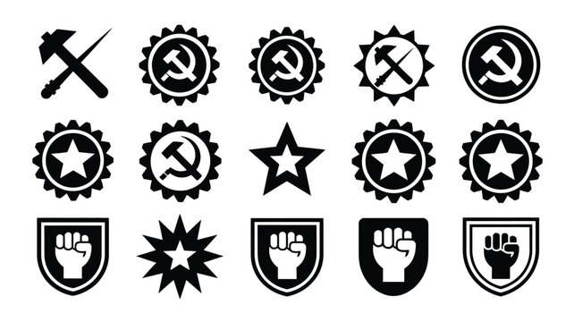 Collection of may day themed badges and icons featuring communist symbols and labor union motifs in black on white background