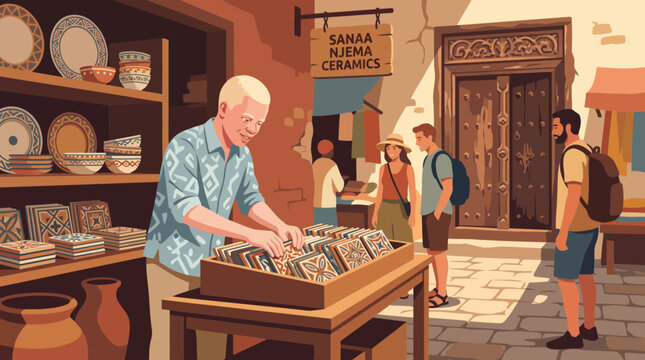 Artisan with Albinism Selling Ceramics in Traditional Market Vector