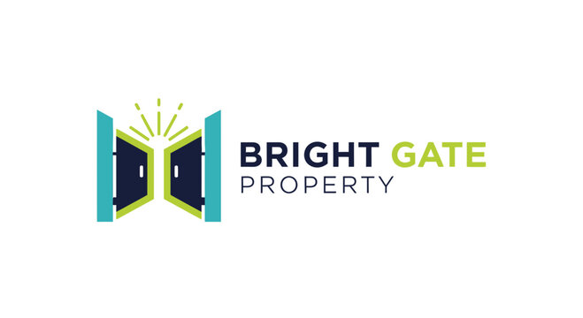 Modern abstract property logo with open gate and bright light symbol